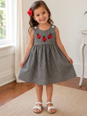 Austin & Ashley Girls Sz 5 Black Gingham Dress Sleeveless Ladybugs Applique USA